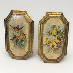 Vtg Bird Prints on Octagonal Gold-tone Plaques Decoupage Canary Robin MCM 7.5×13