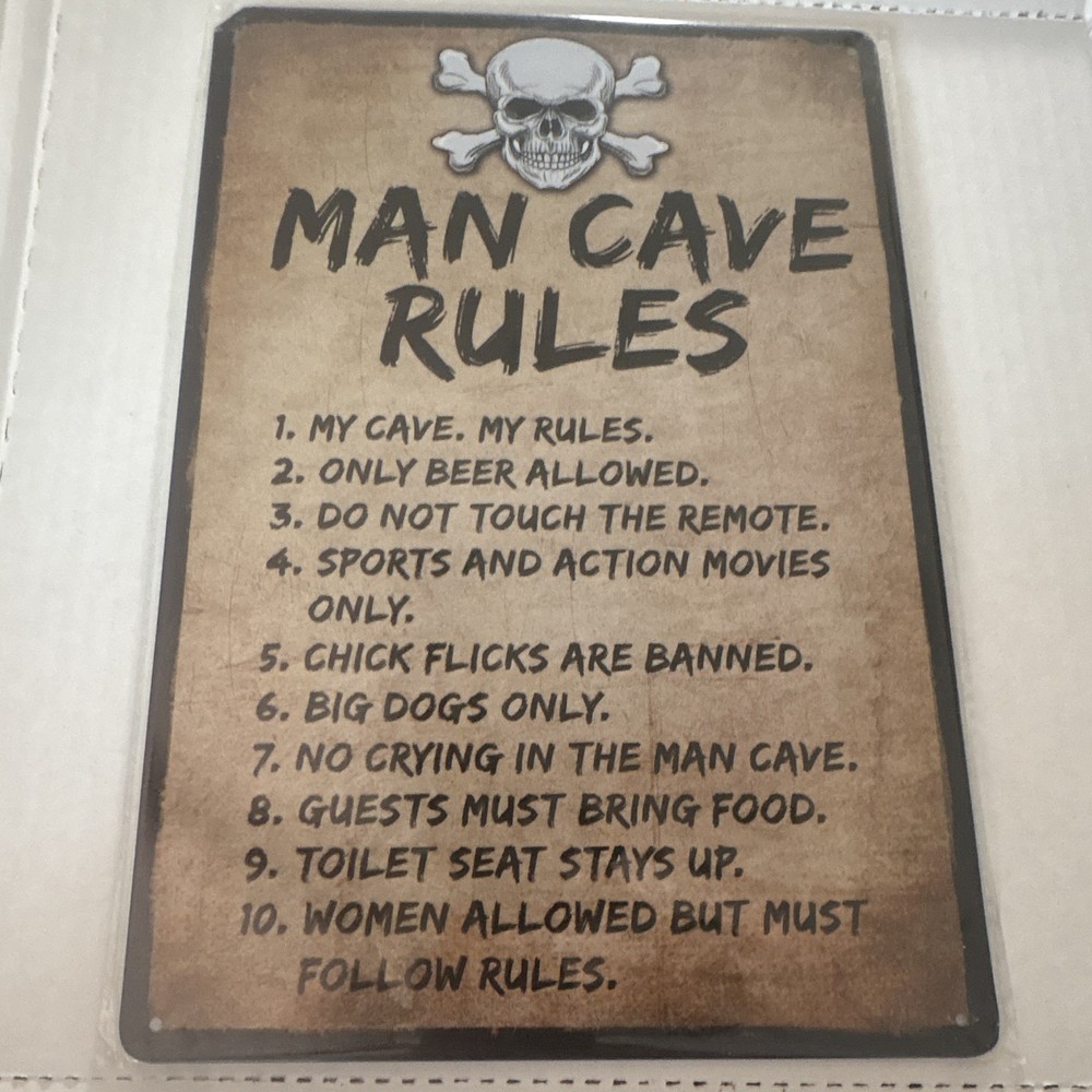 Man Cave Rules Skull & Crossbones Metal Wall Sign Decor 8”x12”