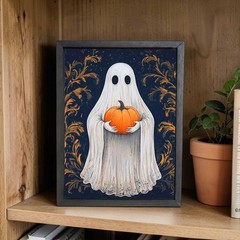 Ghost Pumpkin Halloween Wood Framed Metal Sign – Shelf Sitter or Wall Mount