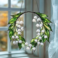 Delicate Lily of the Valley Wreath Faux Stained Glass Suncatcher – Elegant Acryl