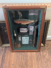 Vintage Fly Fishing Shadow Box Diorama Rainbow Trout Wall Hanging 20.5 13.5 Rod