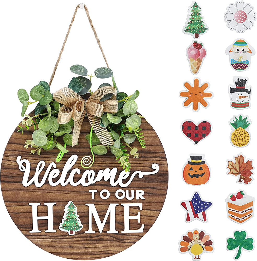 Interchangeable Welcome Sign for Front Door Round Wooden Seasonal Porch Décor
