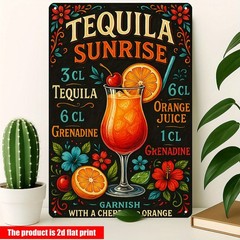 Tequila Sunrise Cocktail Recipe Metal Tin Sign Bar/Pub Wall Decor 2D Flat Print