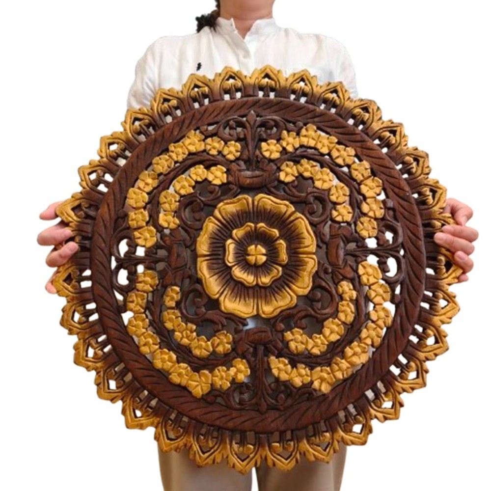 24″ Round Teak Wood Wall Art Hand Carved Floral Mandala Gold Dark Brown RS010