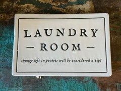 LAUNDRY ROOM pottery sign 7.75” X 5” black impressed lettering hangers
