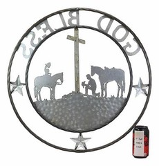 Ebros Oversized 24″ Galvanized Metal Circle Wall Decor Praying Cowboys God Bless