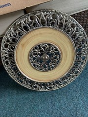 18 In Decorative Wall Plaque Faux Wood Center With Ornate Silver Tone Metal