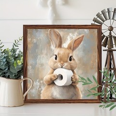 Vintage Bathroom Themed Wooden Plaque Funny Bunny Toilet Paper Decoration Gift