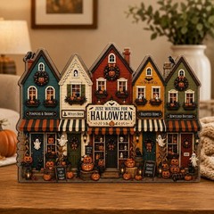 Vintage Halloween Village Wooden Block, Haunted Village Shelf Decor with Pumpkin