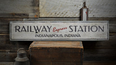 Railway Express Station, Custom Train – Rustic Distressed Wood Sign