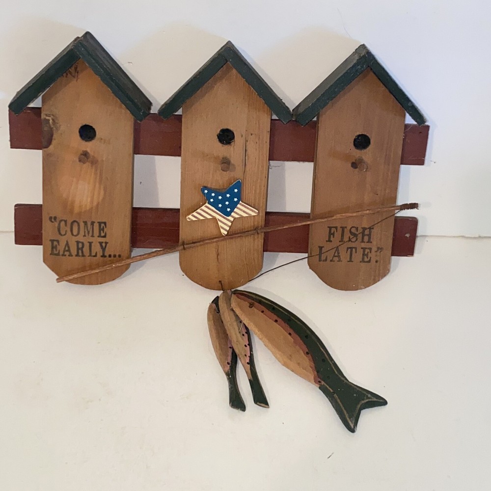 Wooden Come Early Fish Late Lake House Fishing Cabin Wall Hanging