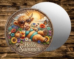 HELLO SUMMER COW SIPPING TEA round metal sign for Wreaths Crafts & miniatures