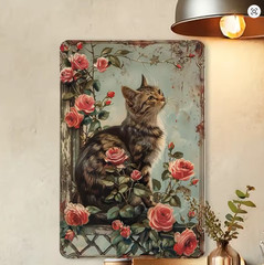 Unique Rustic French Country Vintage Kitten Cat Spring Metal Tin Sign 8 x 12