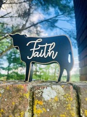 Faith Distressed Black Cow Farmhouse Shelf Sitter NEW