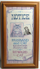 Vintage Framed Wanted Poster HUSBAND & CAT Missing REWARD for Cat 11 5/8″ T