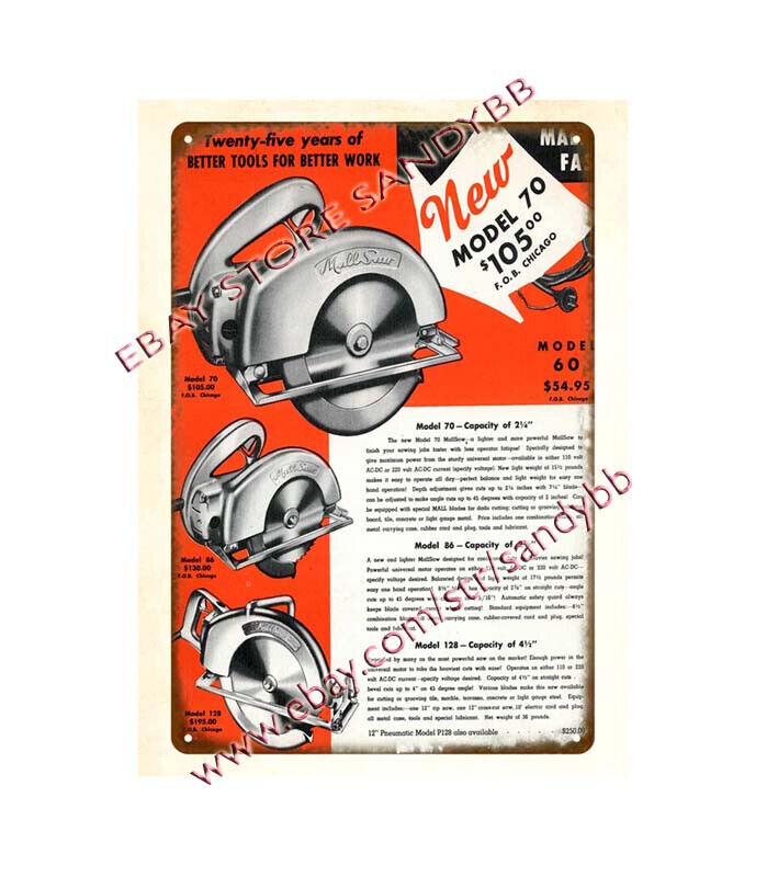 1947 Mall Tool Co Chicago IL wood metal work Portable Power Tools tin sign