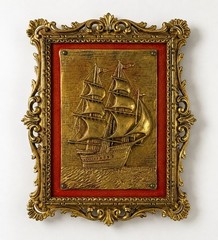 Vintage Gold Tone Sailing Ship Wall Plaque Ornate Resin Frame Red Velvet 12×16”