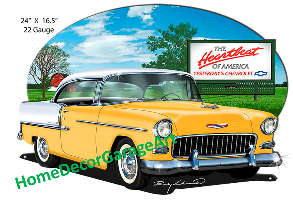 1950’s Classic Chevy Yellow 24 x 16.5 Inch Cutout Shape Metal Sign, Garage Art