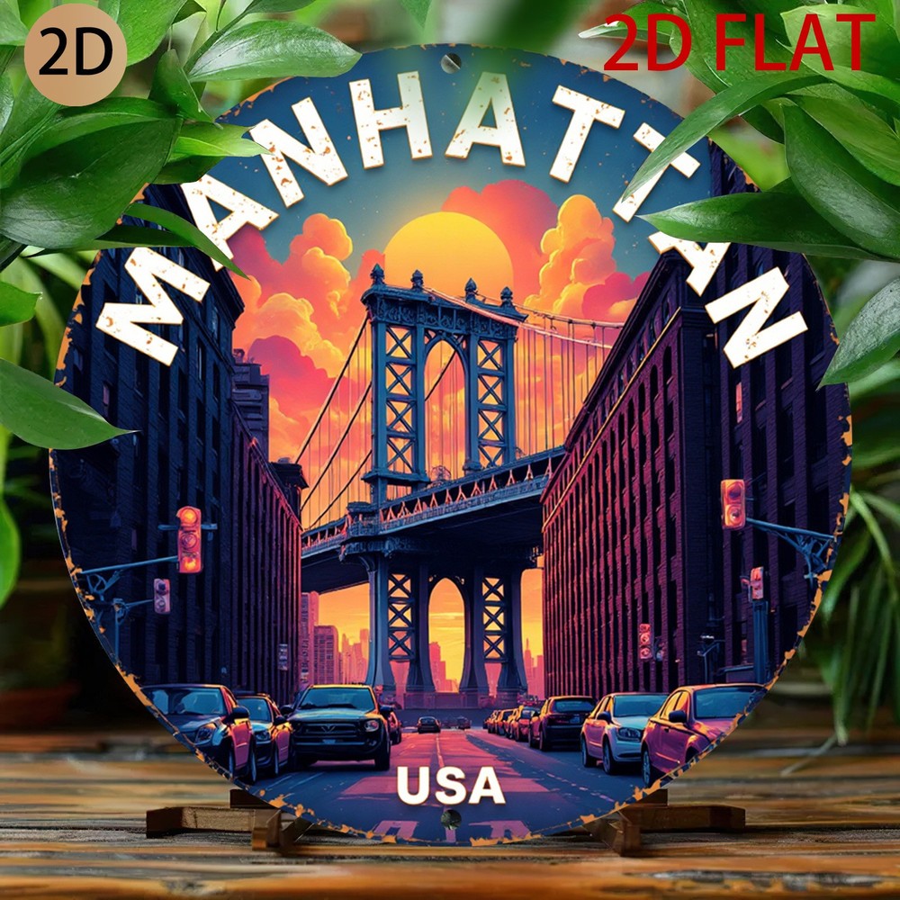 Metal Wall Art Manhattan Themed Retro NYC Skyline Brooklyn Bridge 8 Inch