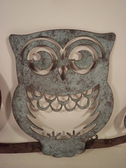 Metal Owl Duo Wall Decor Stencil Style Flat Rustic Brown Turquoise Patina 18×10