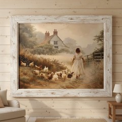 Framed Rustic Farmhouse Wall Art – Serene Girl and Chickens Painting 12×16