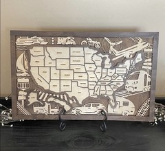 Laser Cut Wooden USA Travel Map Wall Art – 3D – 11×18 Inches
