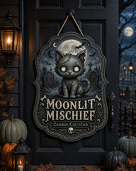 Zombie Cat Wooden Sign Moonlit Mischief Halloween Hanger Gift for Cat Lovers