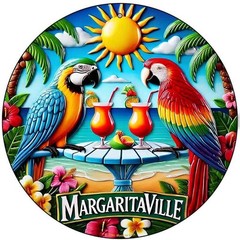 Margaritaville Parrots Metal Sign 12″ Round Tropical Beach Bar House Wall Decor
