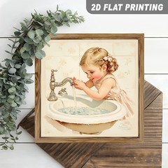 Warm Retro Little Girl Wash Hands Old Sink Tile Country Bathroom Tabletop Plaque