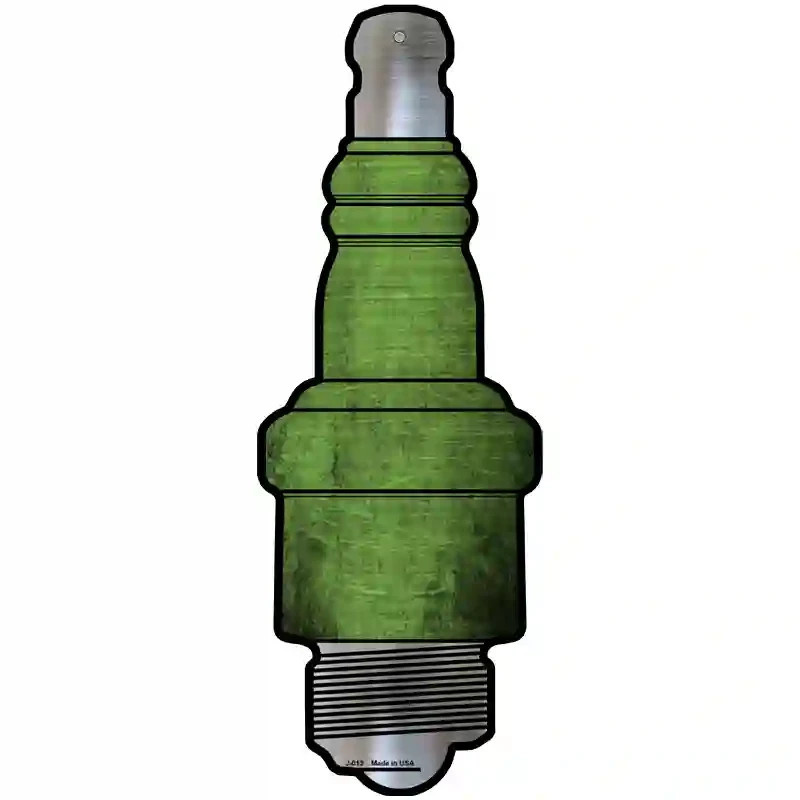 Lime Green Metal Spark Plug Sign – 17″ x 6″ Garage Wall Decor, Oil Smudge Design