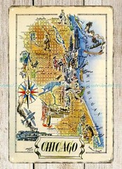 room decor Chicago Pictorial Map 1946 metal tin sign