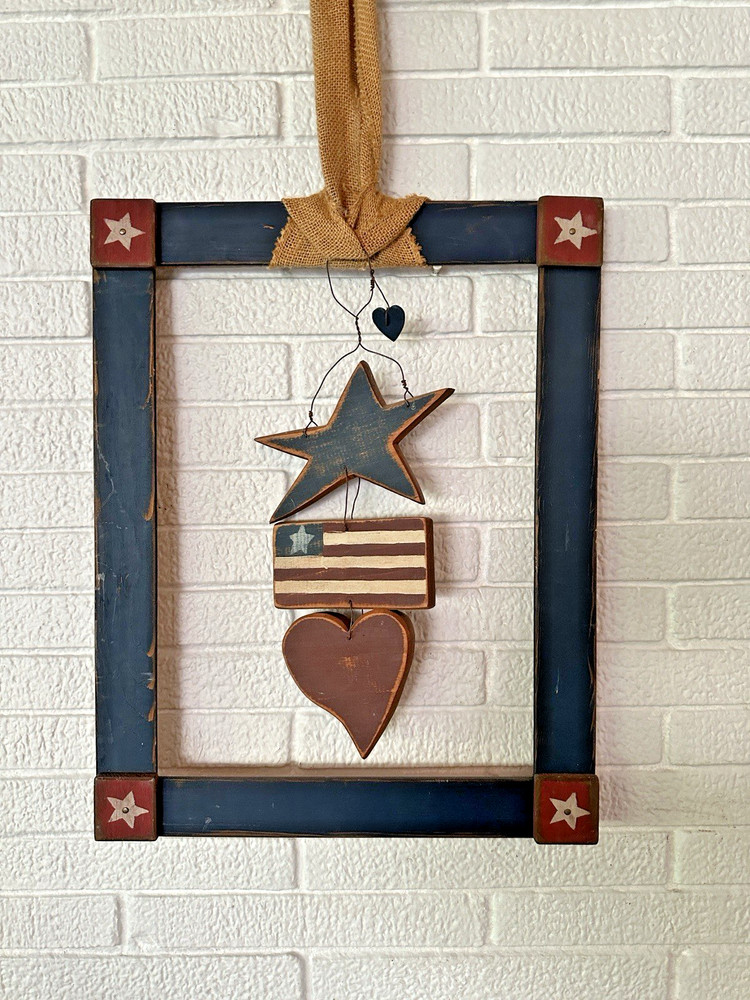 Rustic Americana Patriotic Star Wood FRAME WITH HEART STAR FLAG DECOR