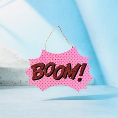 BOOM! Retro Comic Book Style Hanging Wall Sign 11.75×7.75 Inch Pink & Gold Art