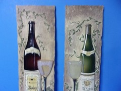 Wine Bottle & Grapes 3D Relief Wall Hanging Plaques Kate McKrostie Set of 2