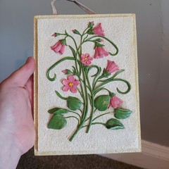 Vintage 3D Floral Wall Plaque Pink Bellflowers Bas Relief Textured Art 8.5×6.5