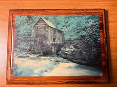 Wooden Landscape Art Plaque with Rustic River Mill Scene, Wall Decor