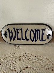 Welcome Sign R Brinker Art Pottery Rustic Blue & Beige 7 inch