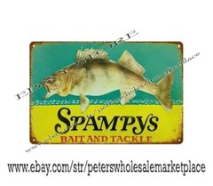 fishermen boat SPAMPYS BAIT TACKLE fishing fish bass walleye tin sign wall cling