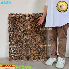 Set of 2 Wood Carving Wall Art Floral Panel Thai Teak Wood Sculpture Wall Decor
