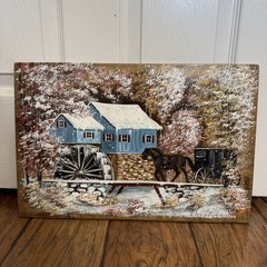 Winter Water Mill & Horse Painting by Cindy Gaertner Wellington | Solid Oak Slab
