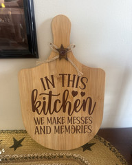 Wood Paddle Kitchen Plaque Wall Hanging w/ Rope Hanger “Messes and Memories”