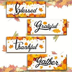 Set 4 Wooden Autumn Thanksgiving Signs, Blessed, Gather, Thankful, Gather