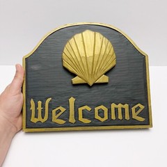 Wood Hand Carved WELCOME Seashell Shell Black Gold Hanging Sign Plaque