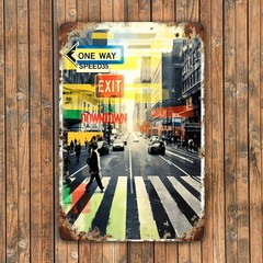 Metal Sign Board Aluminum Sign 8×12 Multicolor Urban Cityscape One Way Exit