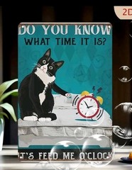 Black White Cat Metal Sign “It’s Feed Me O’Clock” 12×8″ Home Decor Cute Gift