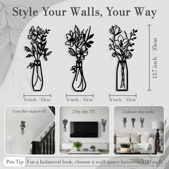 Lightweight Minimalist Metal Flower Decor Wall Art Bathroom Kitchen 3 PCS