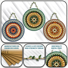 3Pc Round Wooden Wall Hanging Plaque Set Leaf Mandala Boho Art Medallion Decor