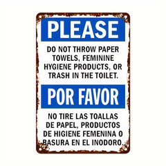 Please Por Favor Toilet Trash Warning Metal Sign Commercial Restroom Decoration