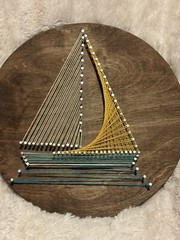 Retro String Art Sailboat 11 3/4” On Sealed Wood Round, W/ Hanger