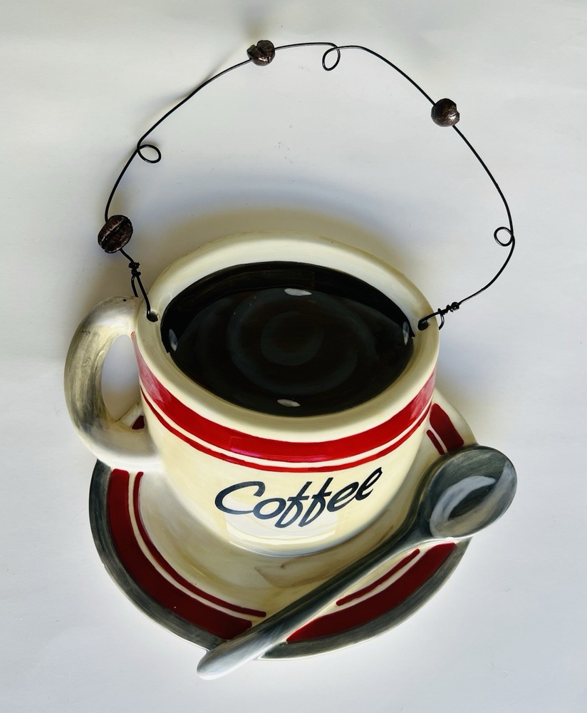 Cappuccino Steaming Coffee Cup Vintage Hand Painted Porcelain Wall Plaque.